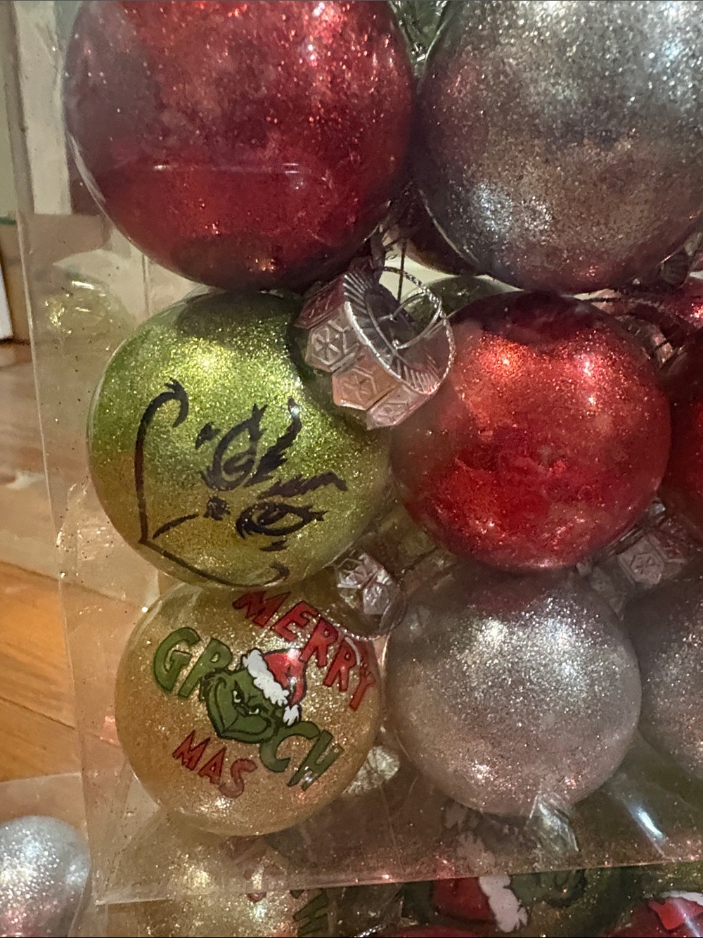 Holiday Grinch Ornament Set - Red, Green, Silver, Gold 4 packs of 24 - Picture 2 of 5